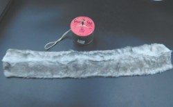 REVLON GREY FURRY WRAP 16.5" LONG, PINK SATIN LINING,  IN VINTAGE SWEET SUE DOLL ROUND CONTAINER